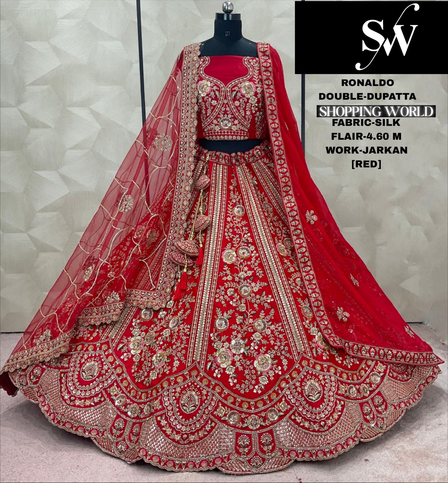 Amazing Rust orange Double Dupatta Jarkan Silk Bridal Lehenga
