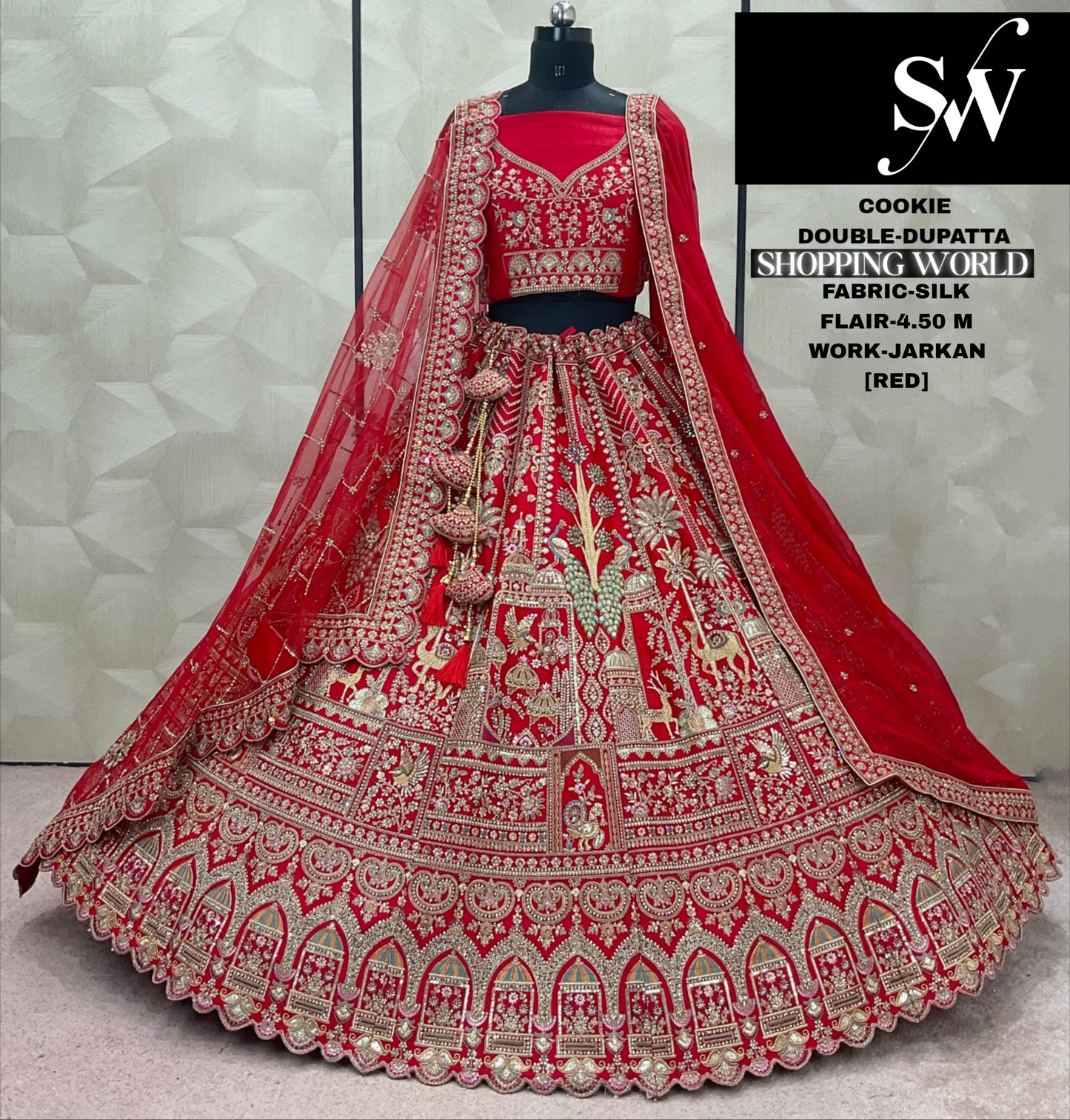 Fabulous Red peacock Double Dupatta Jarkan Silk Bridal Lehenga
