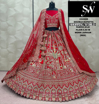 Fabulous Red peacock Double Dupatta Jarkan Silk Bridal Lehenga