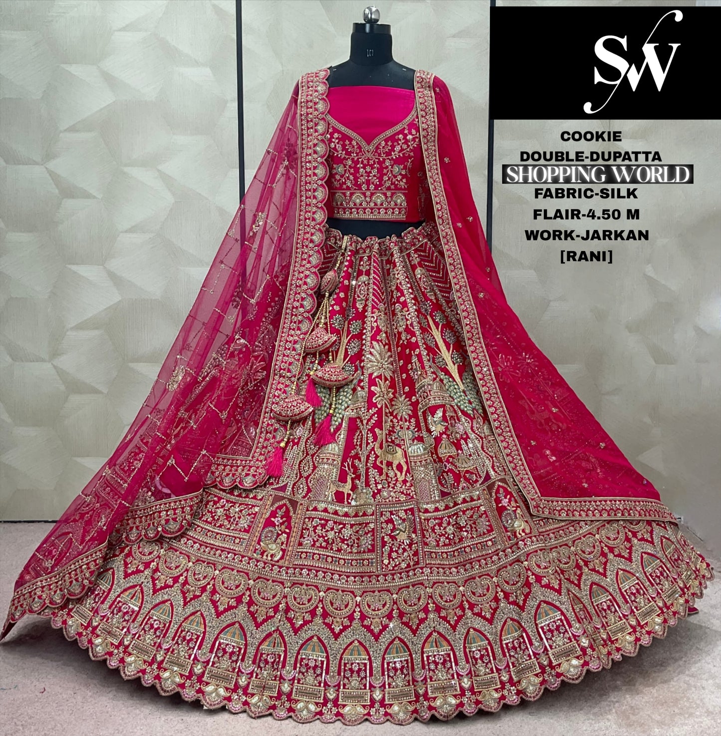 Fabulous Red peacock Double Dupatta Jarkan Silk Bridal Lehenga
