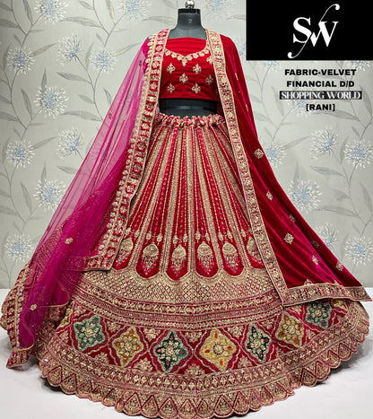 Tremendous red Double duptta Velvet Bridal Lehenga