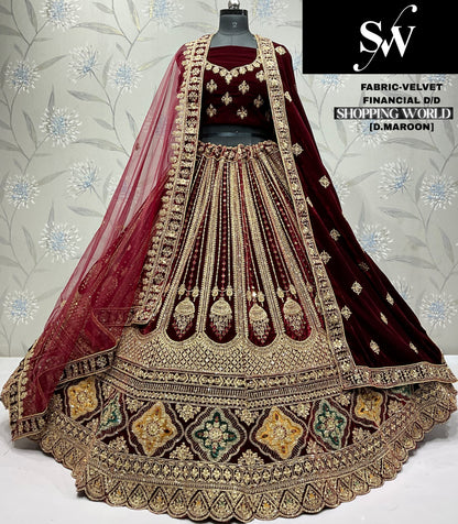 Tremendous red Double duptta Velvet Bridal Lehenga
