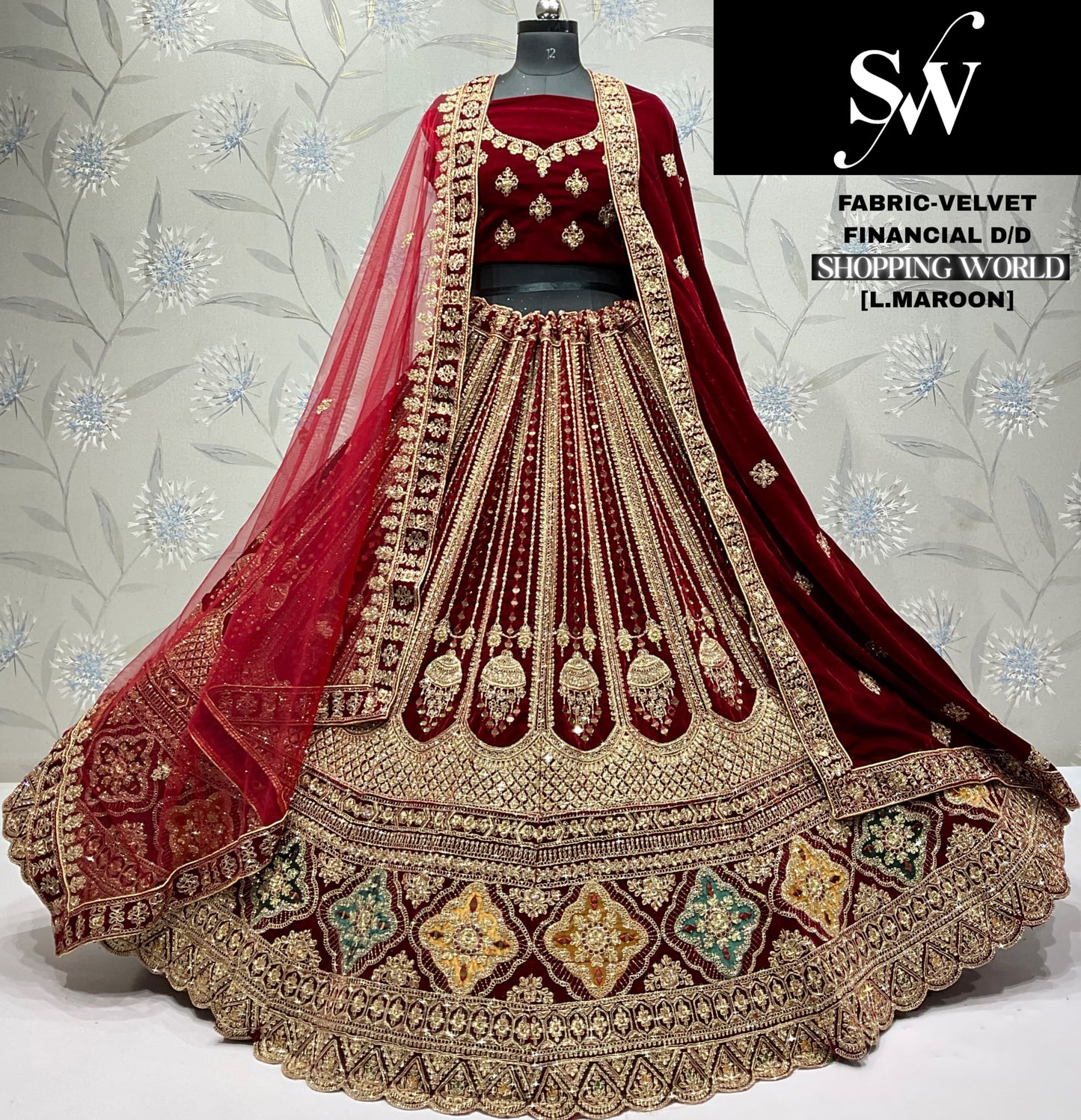 Tremendous red Double duptta Velvet Bridal Lehenga