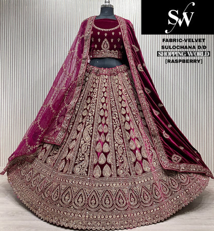 Charming Raspberry Dark Red Double duptta Velvet Bridal Lehenga