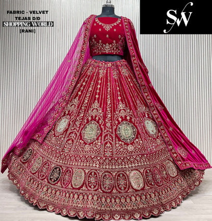 Astonishing light maroon Double duptta Velvet Bridal Lehenga