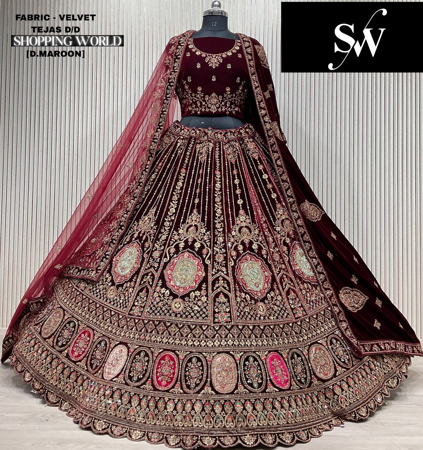 Astonishing light maroon Double duptta Velvet Bridal Lehenga