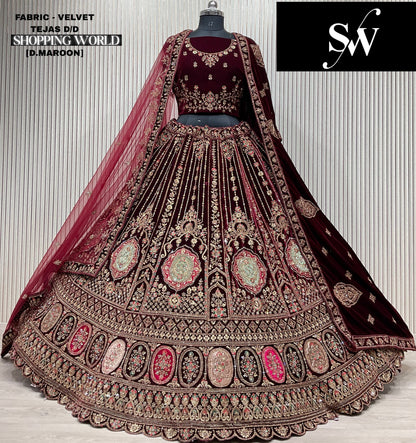Astonishing light maroon Double duptta Velvet Bridal Lehenga