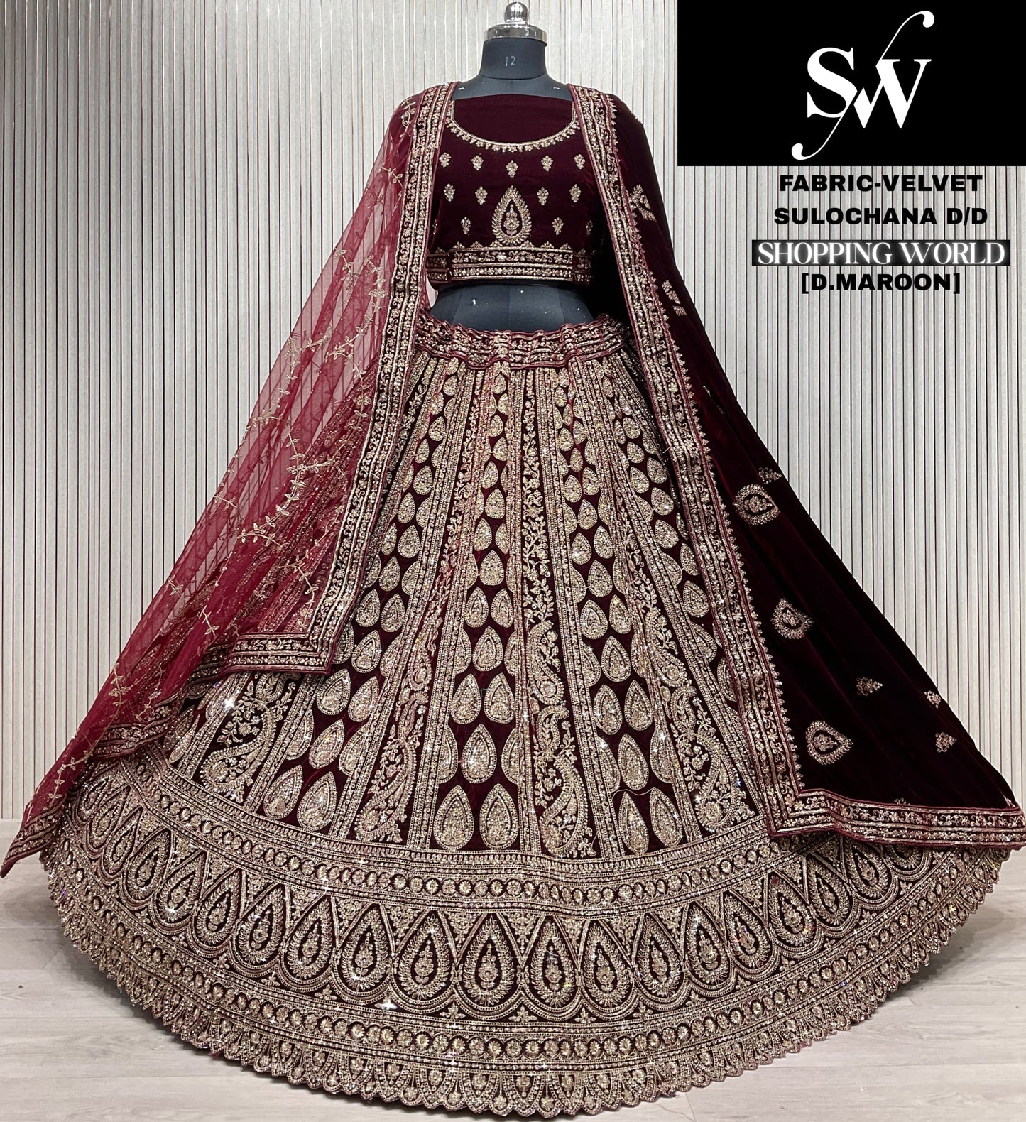Charming Raspberry Dark Red Double duptta Velvet Bridal Lehenga