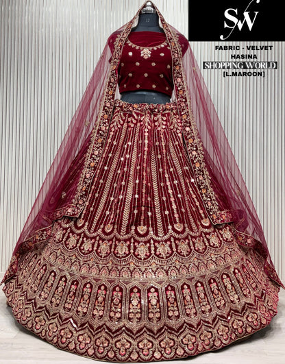 Delightful Dark maroon Double duptta Velvet Bridal Lehenga