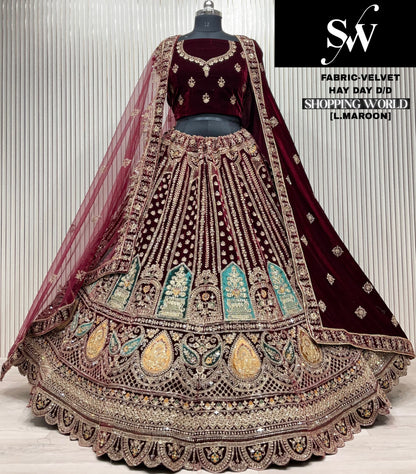 Eye catching Light maroon Double duptta Velvet Bridal Lehenga