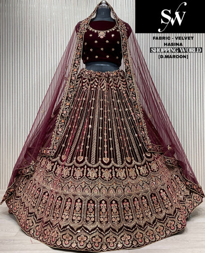 Delightful Dark maroon Double duptta Velvet Bridal Lehenga