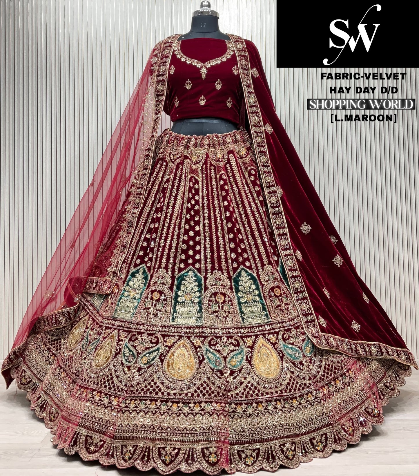 Eye catching Light maroon Double duptta Velvet Bridal Lehenga