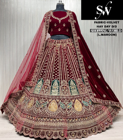 Eye catching Light maroon Double duptta Velvet Bridal Lehenga