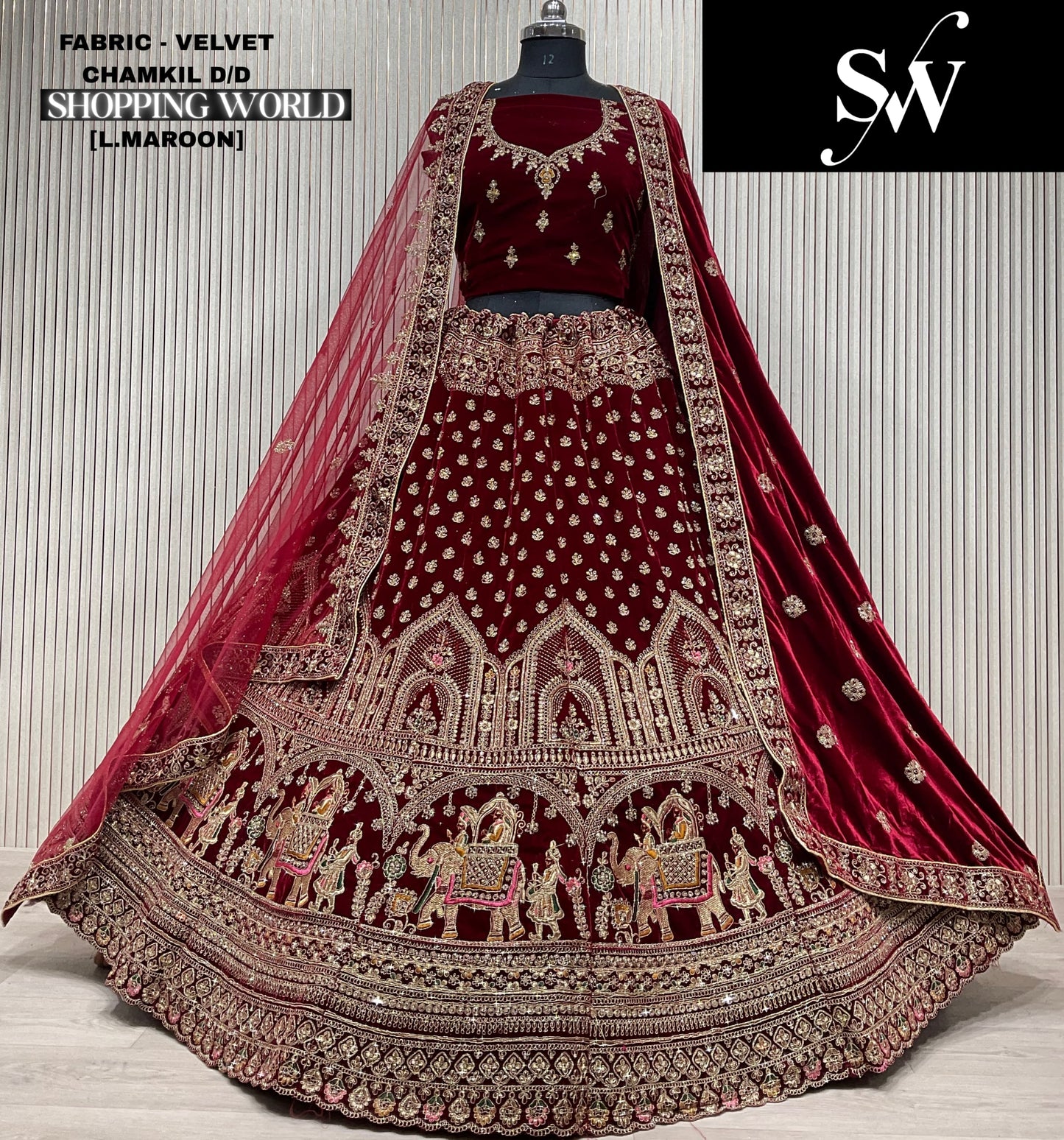 Khoobsurat Dark maroon Doli barat Double duptta Velvet Bridal Lehenga