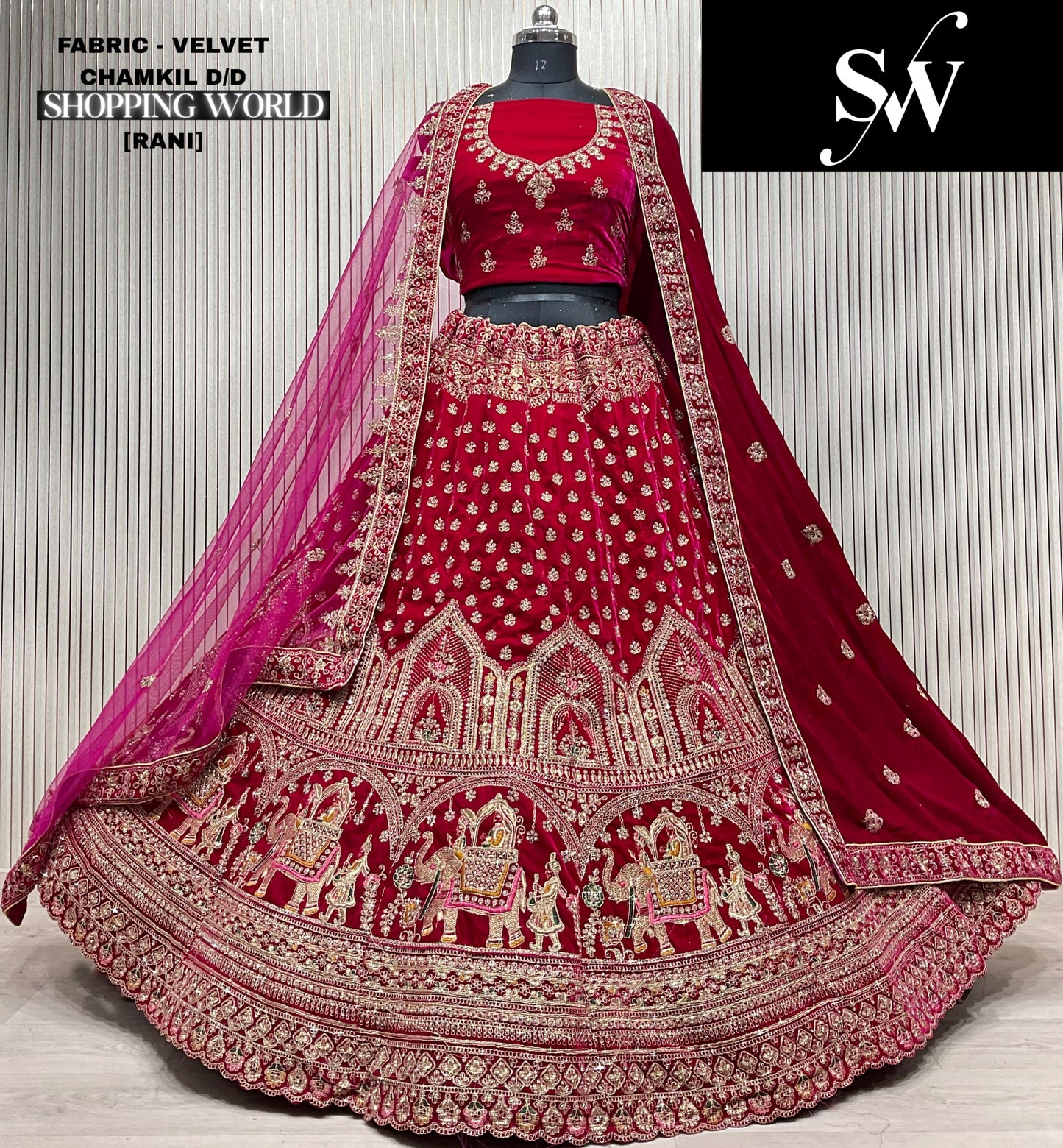 Khoobsurat Dark maroon Doli barat Double duptta Velvet Bridal Lehenga