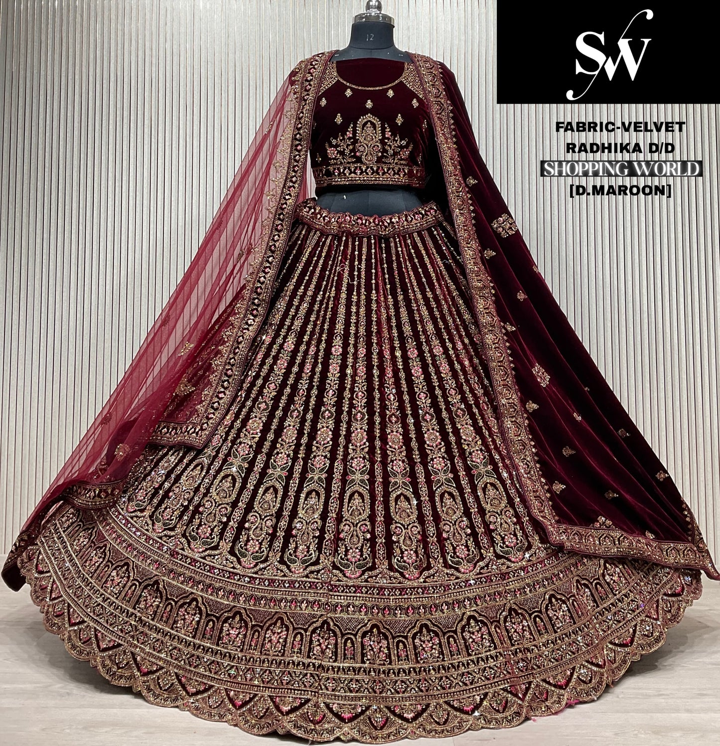 Fantastic Dark maroon Double duptta Velvet Bridal Lehenga