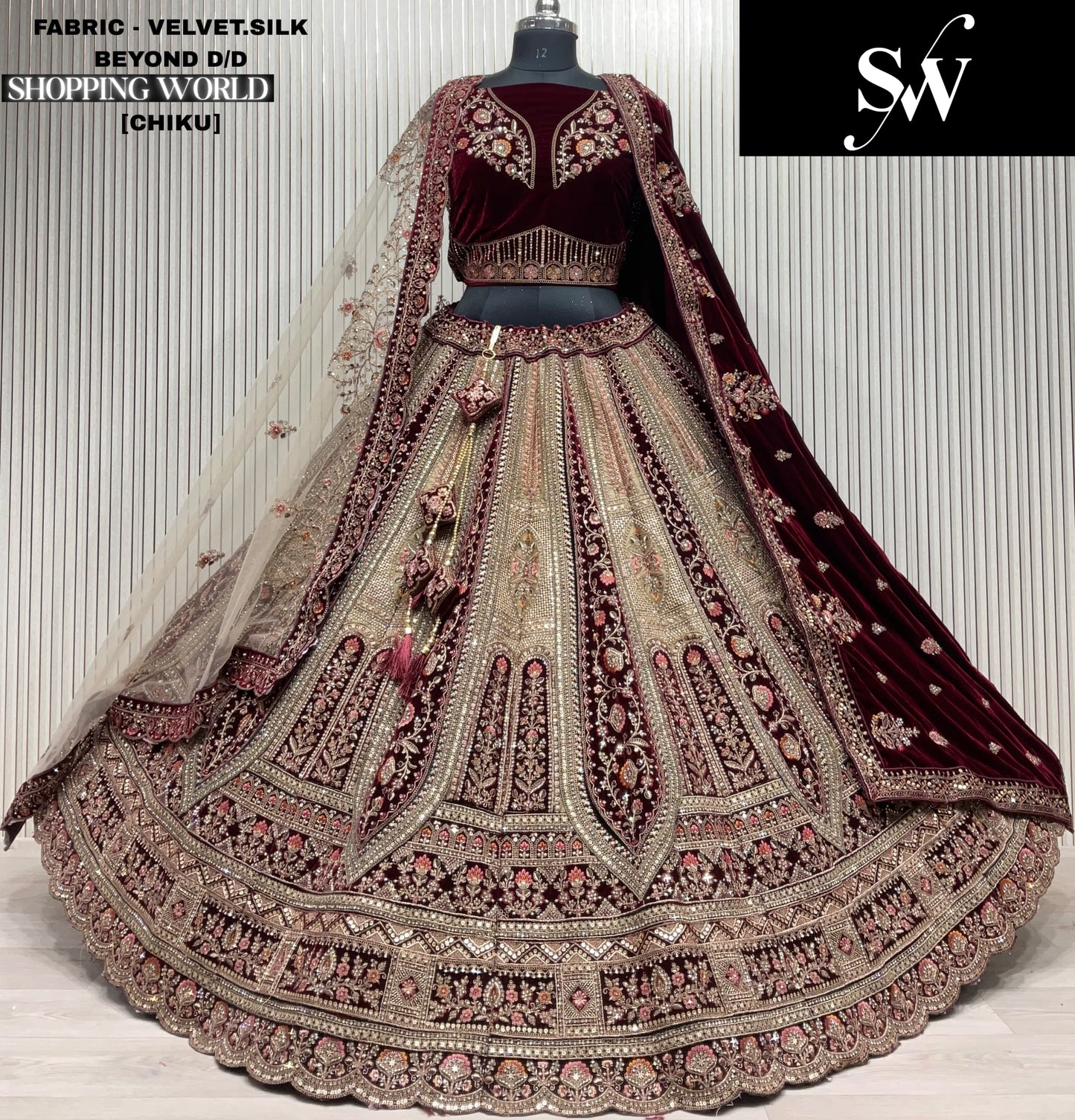 Gorgeous golden Chiku Double duptta Velvet Silk Bridal Lehenga