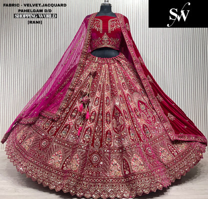 Attractive Light maroon Double duptta Velvet Jacquard Bridal Lehenga
