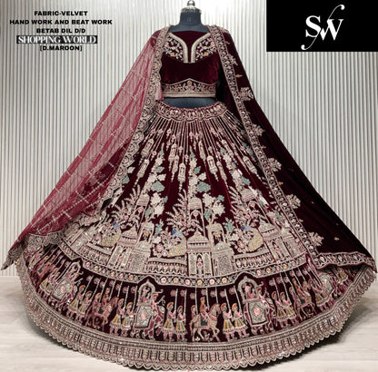 Lavishing Dark maroon Double duptta Velvet Bridal Lehenga