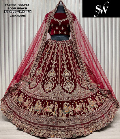 Amazing Dark maroon Doli barat Double duptta Velvet Bridal Lehenga