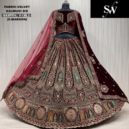 Something different red  Double duptta Velvet Bridal Lehenga