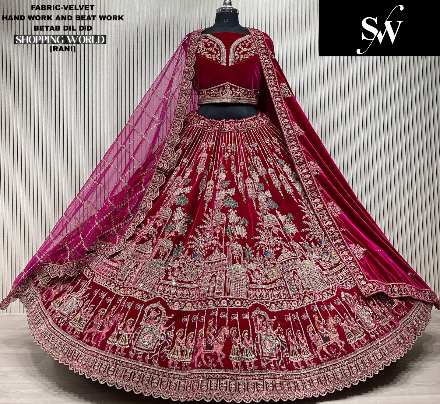 Engaging light maroon Double duptta Velvet Bridal Lehenga