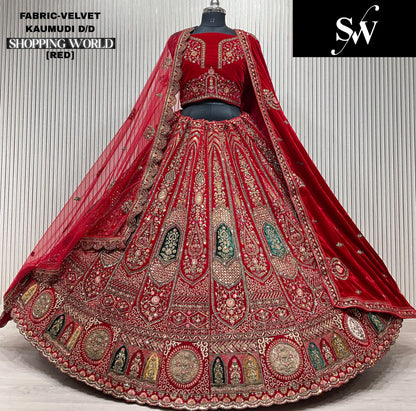 Something different red  Double duptta Velvet Bridal Lehenga
