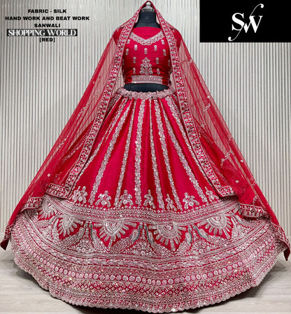 Attractive Red peacock Silk Bridal Lehenga