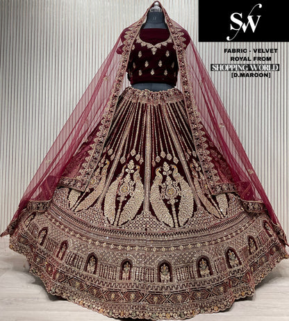 Lovely light maroon peacock Velvet Bridal Lehenga
