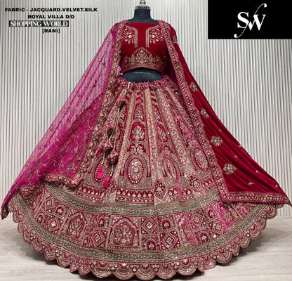 Good looking light maroon peacock jacquard Velvet Silk Bridal Lehenga
