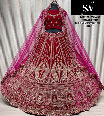 Lovely light maroon peacock Velvet Bridal Lehenga