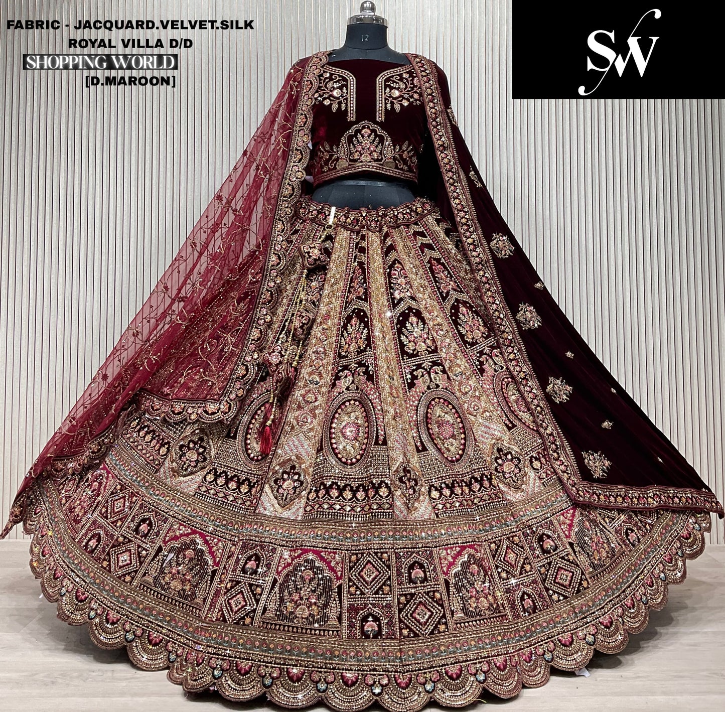 Good looking light maroon peacock jacquard Velvet Silk Bridal Lehenga