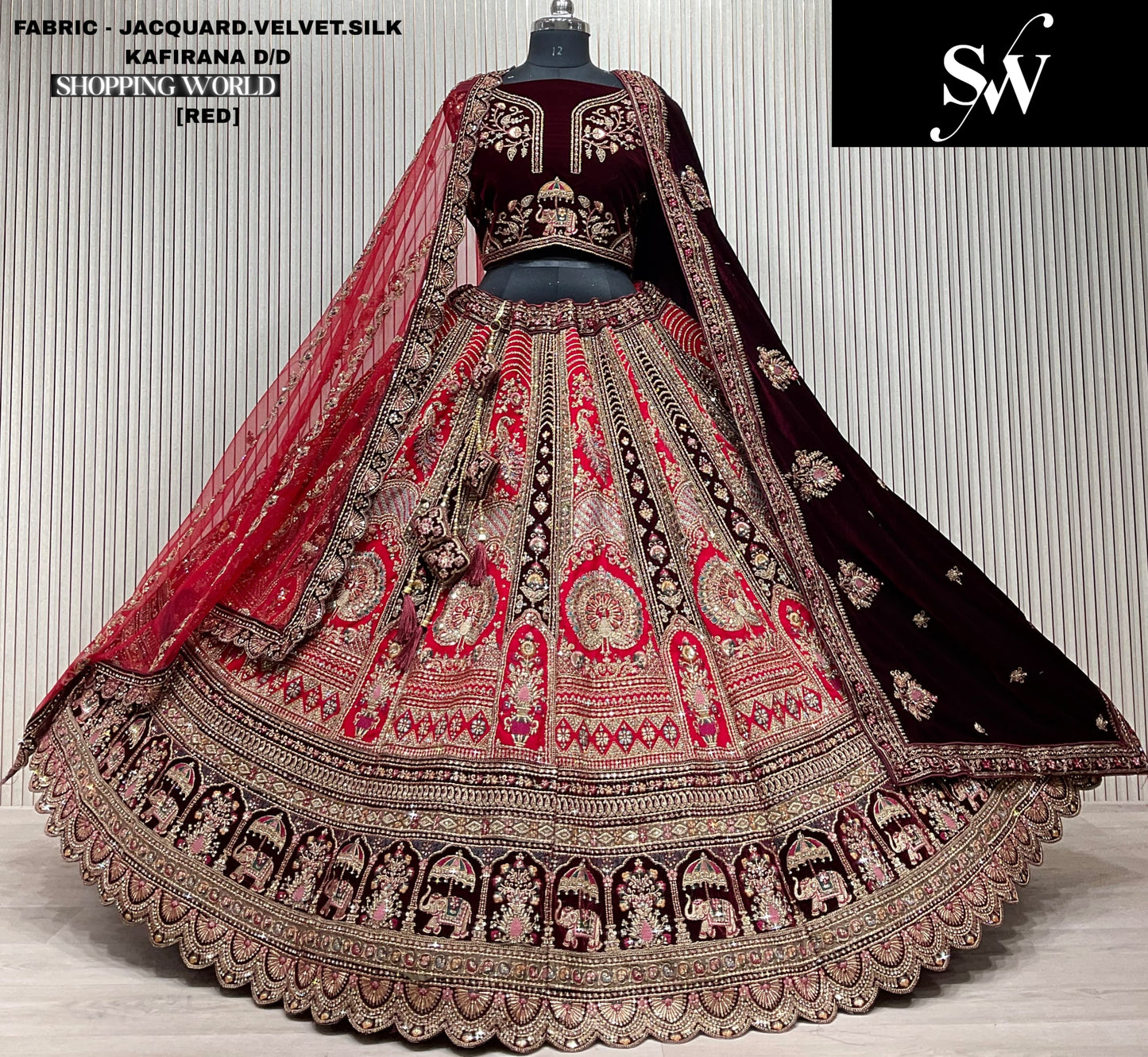 Charming red peacock Velvet Silk Bridal Lehenga