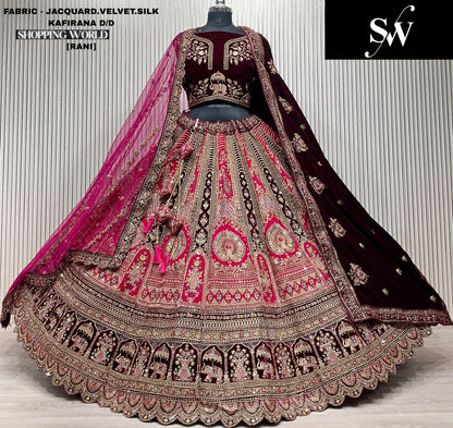 Charming red peacock Velvet Silk Bridal Lehenga