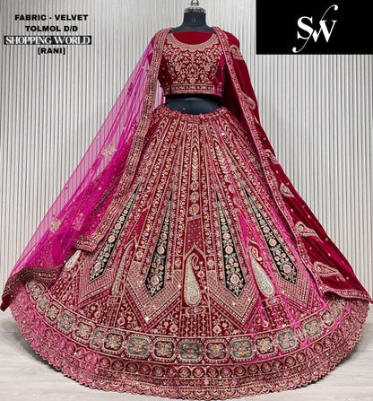 Elegant peacock Rani pink Double duptta Velvet Bridal Lehenga