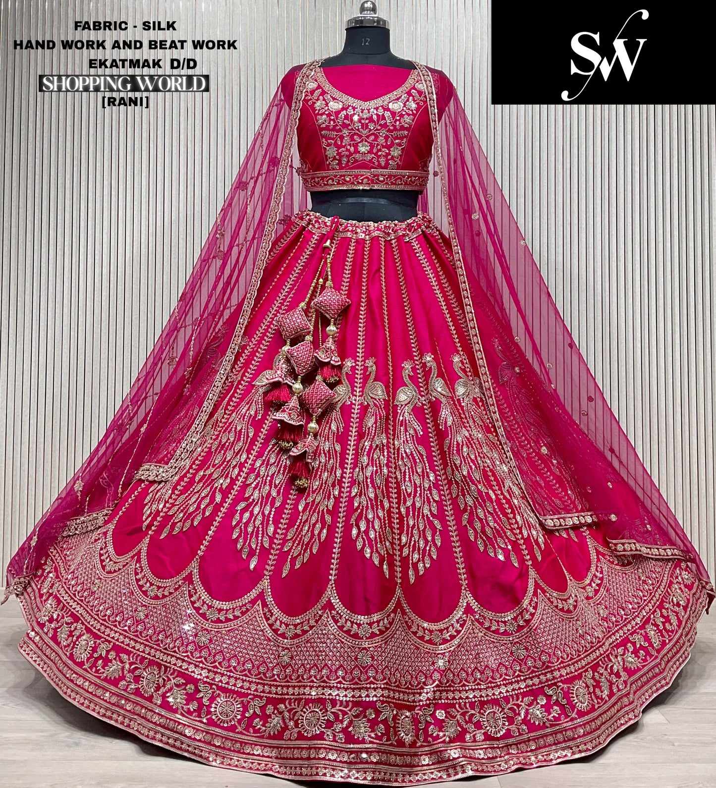 Engaging Red peacock Double duptta Velvet Bridal Lehenga