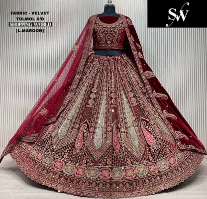 Elegant peacock Rani pink Double duptta Velvet Bridal Lehenga