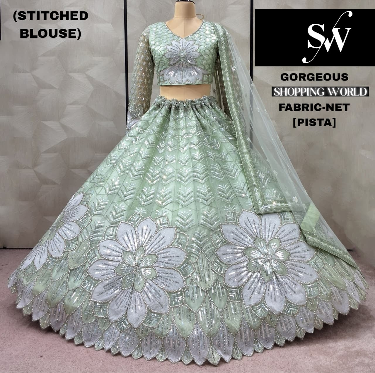 Precioso conjunto de falda y top corto de red floral en color verde pistacho.