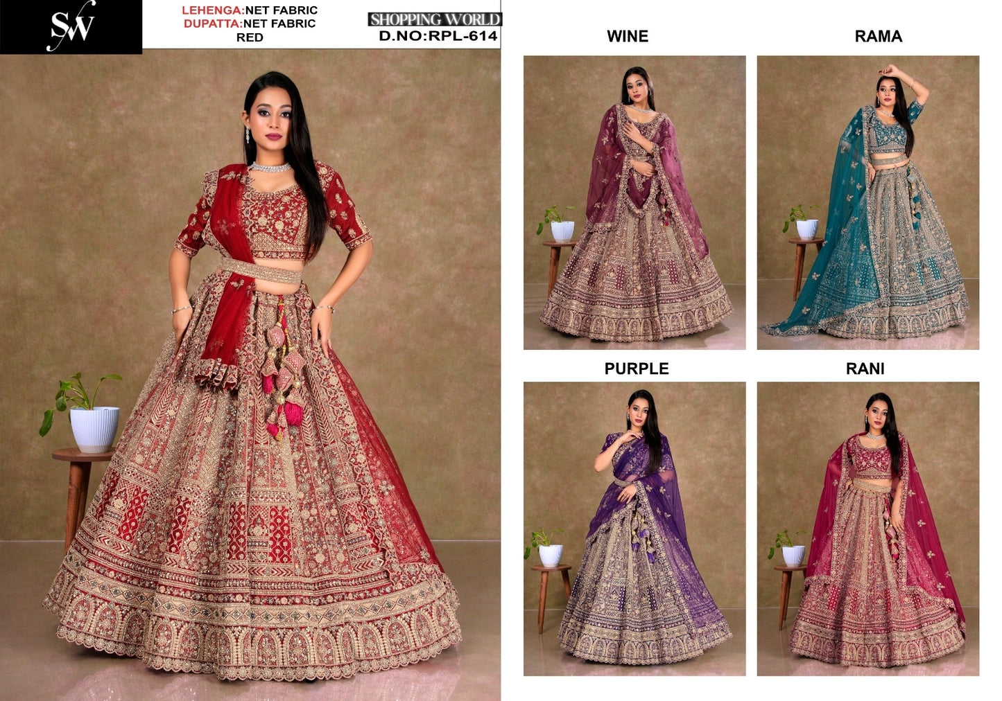 Attractive Red Wine Rama green Purple Rani pink Net Lehenga