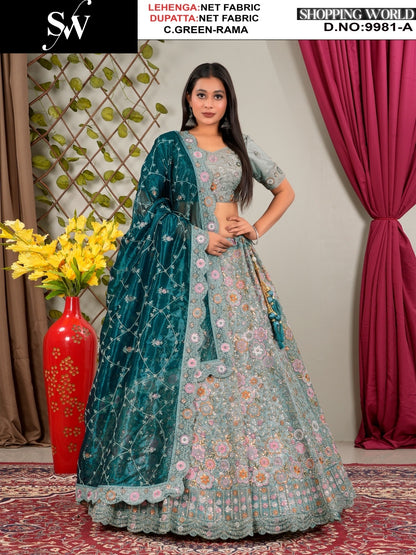 Pretty Purple green Net floral Lehenga
