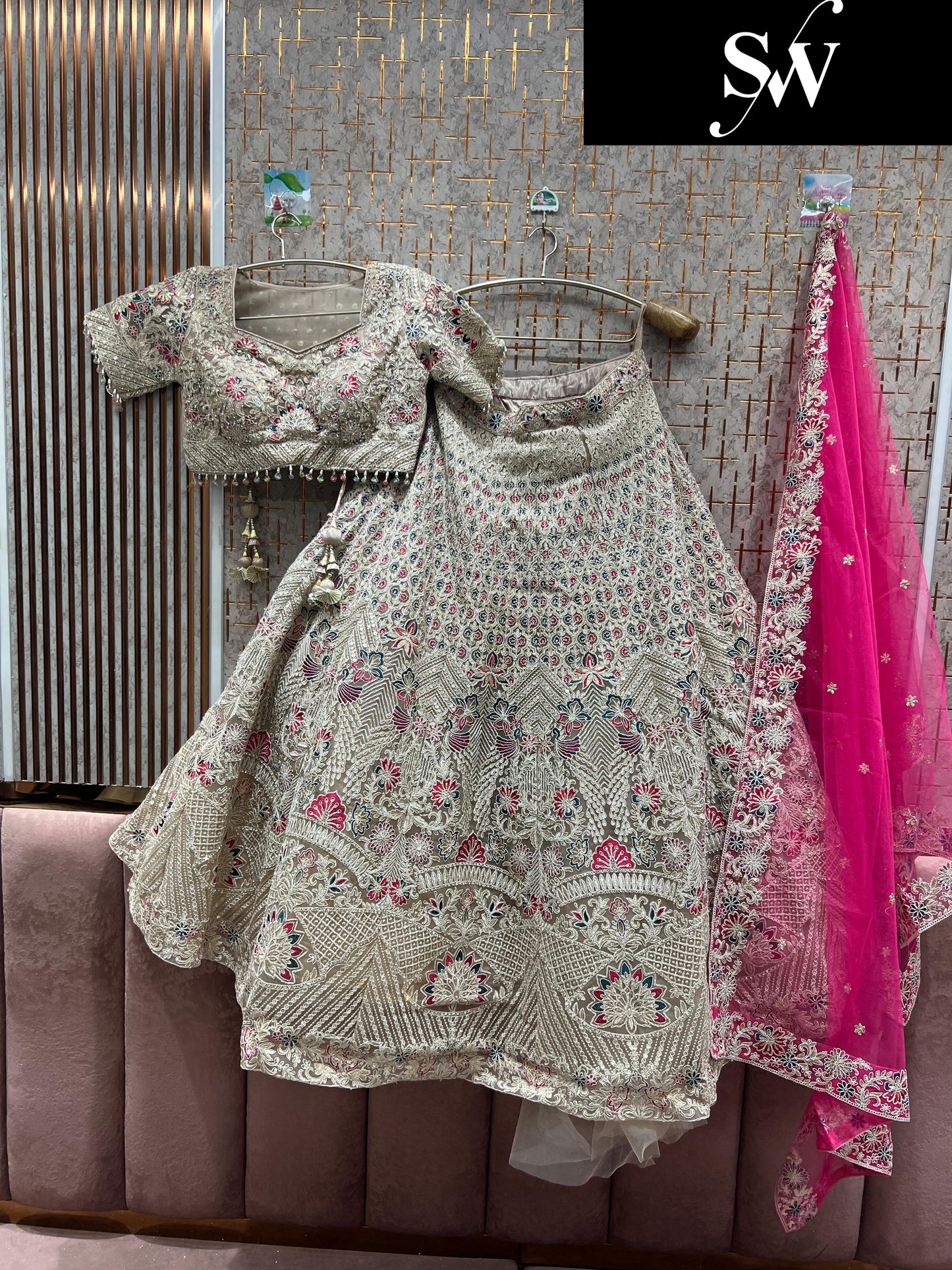 Astonishing White pink contrast dupatta Crop top Lehenga