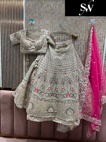 Astonishing White pink contrast dupatta Crop top Lehenga