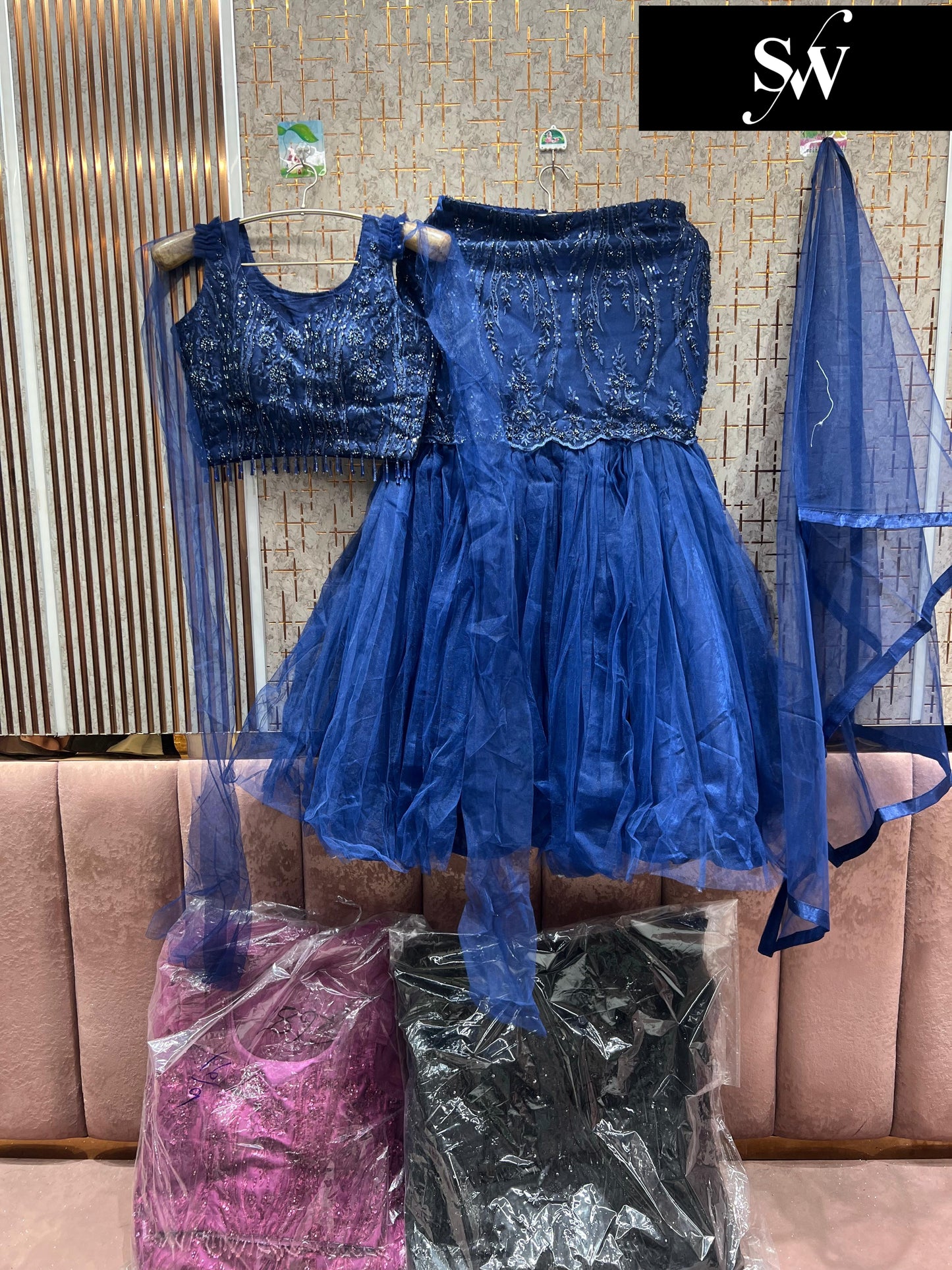 Glamorous Navy fish cut Crop top Lehenga