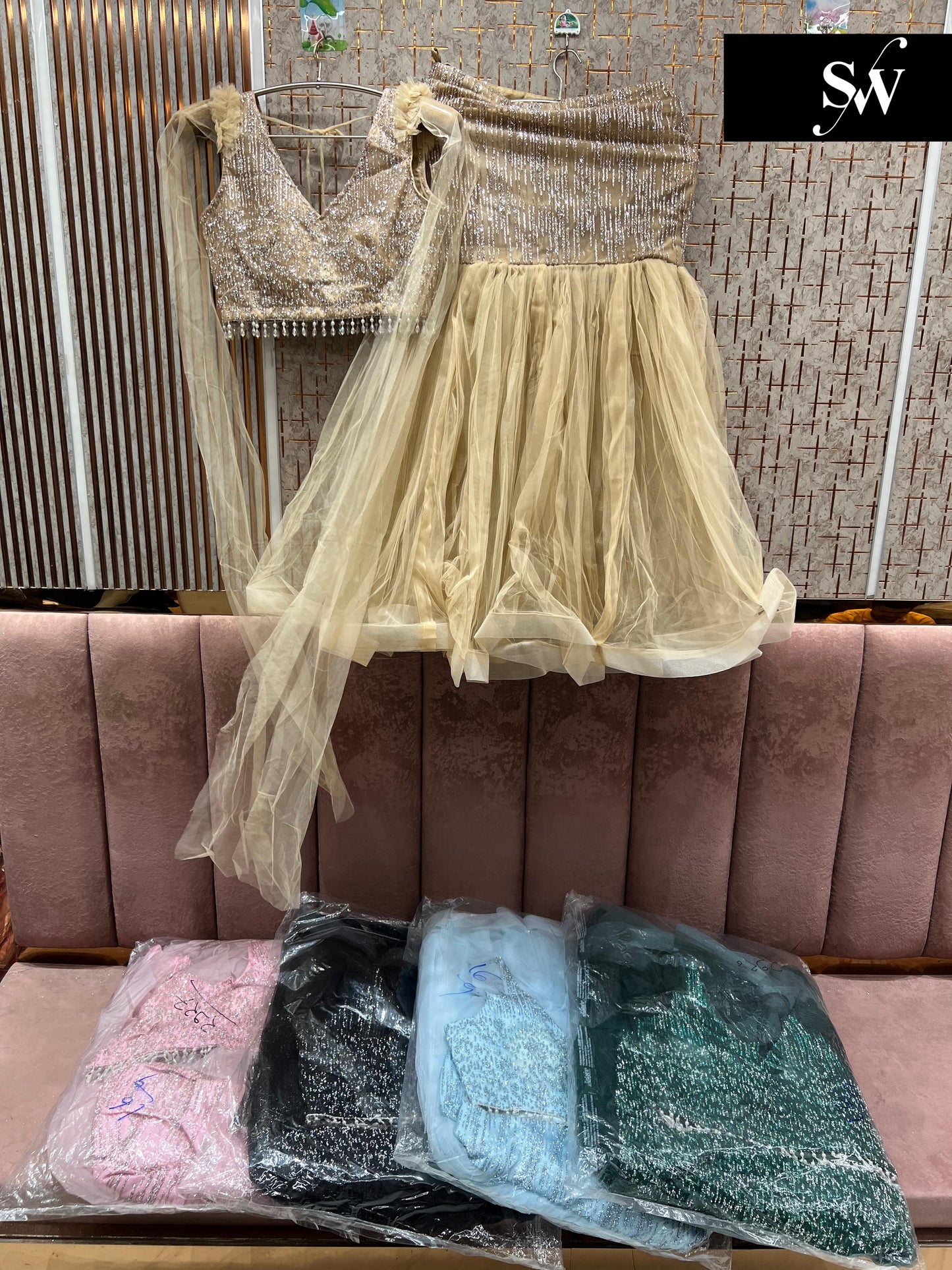 Tremendous golden fish cut Crop top Lehenga