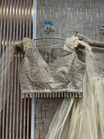 आश्चर्यजनक पीच फिश कट क्रॉप टॉप लेहंगा