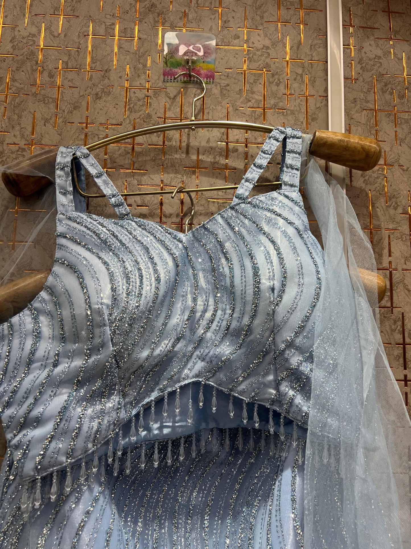 Lovely Sky blue fish cut Crop top Lehenga