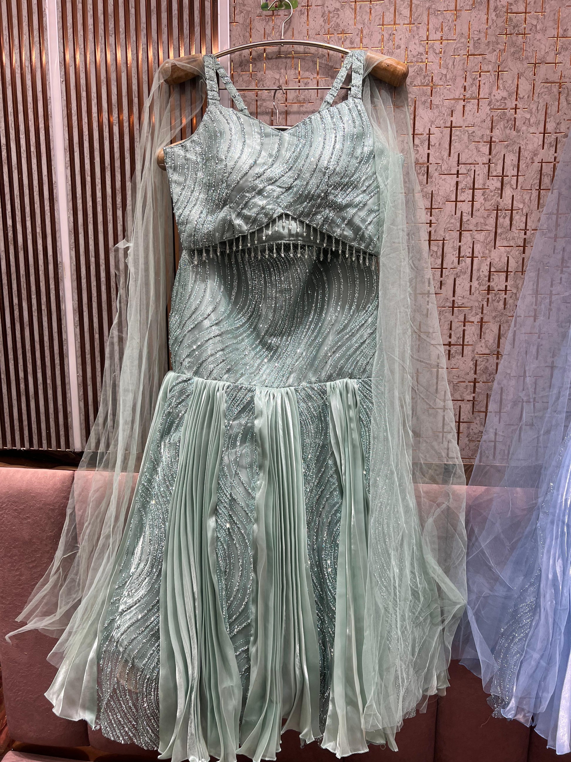 Pretty pista green fish cut Crop top Lehenga Shopping World Pretty pista green fish cut Crop top Lehenga Shopping World