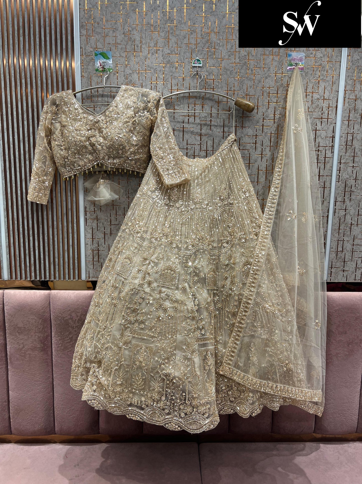 Gorgeous light golden beige Crop top Lehenga