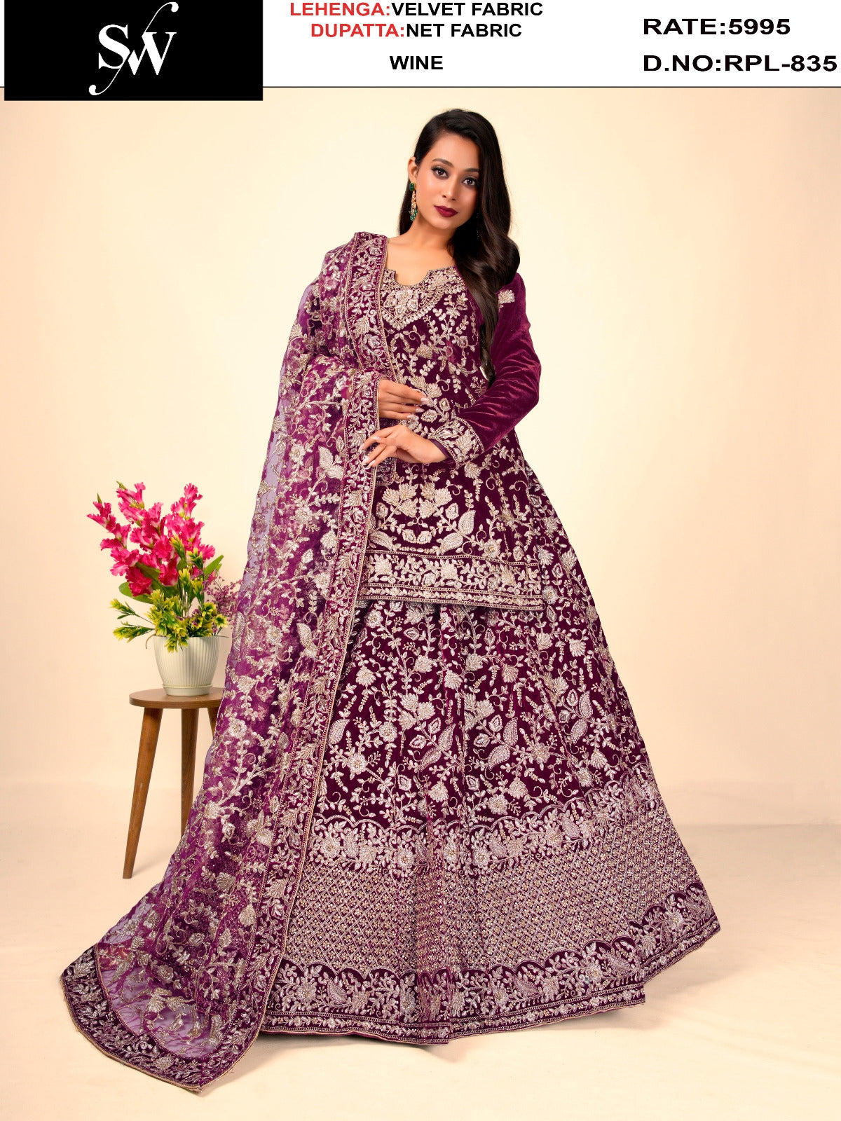 Attractive wine Velvet Peplum Dress Lehenga