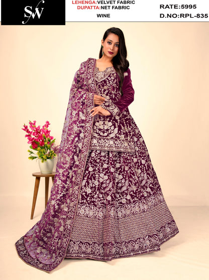 Attractive wine Velvet Peplum Dress Lehenga